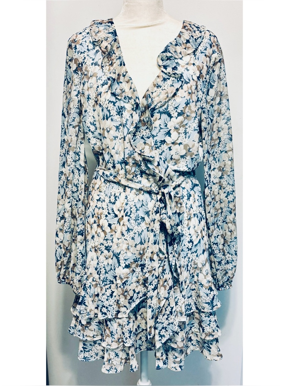 Bardot Boho Floral Dress Long Sleeve Faux Wrap Mini, Blue and White- MEDIUM